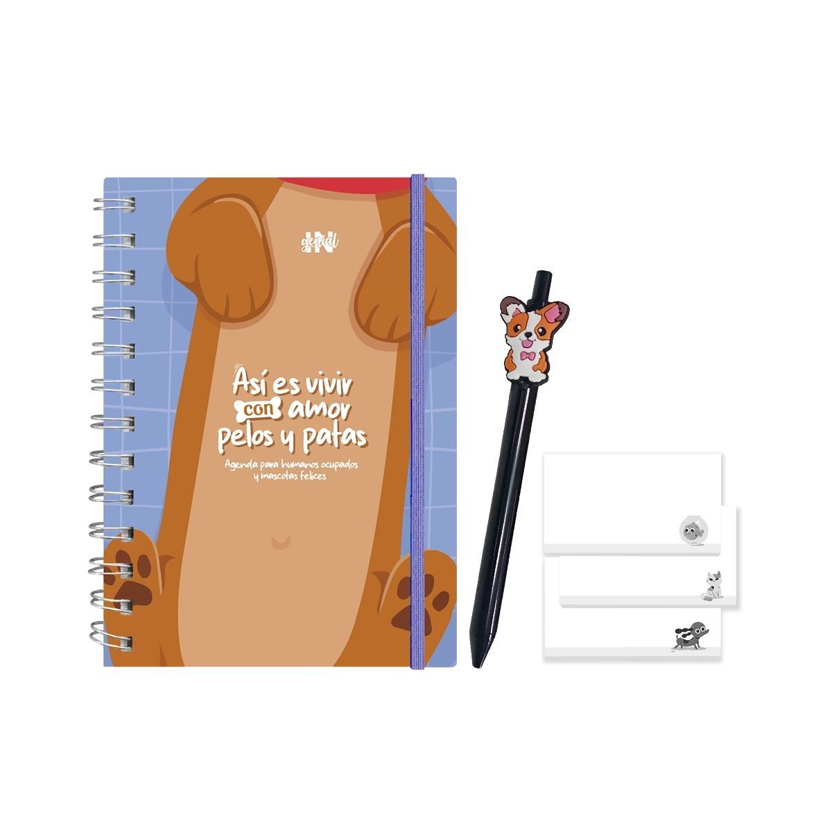Pack Ingenial Huellitas: agenda para dueños de mascotas, lapicero y set de notas.