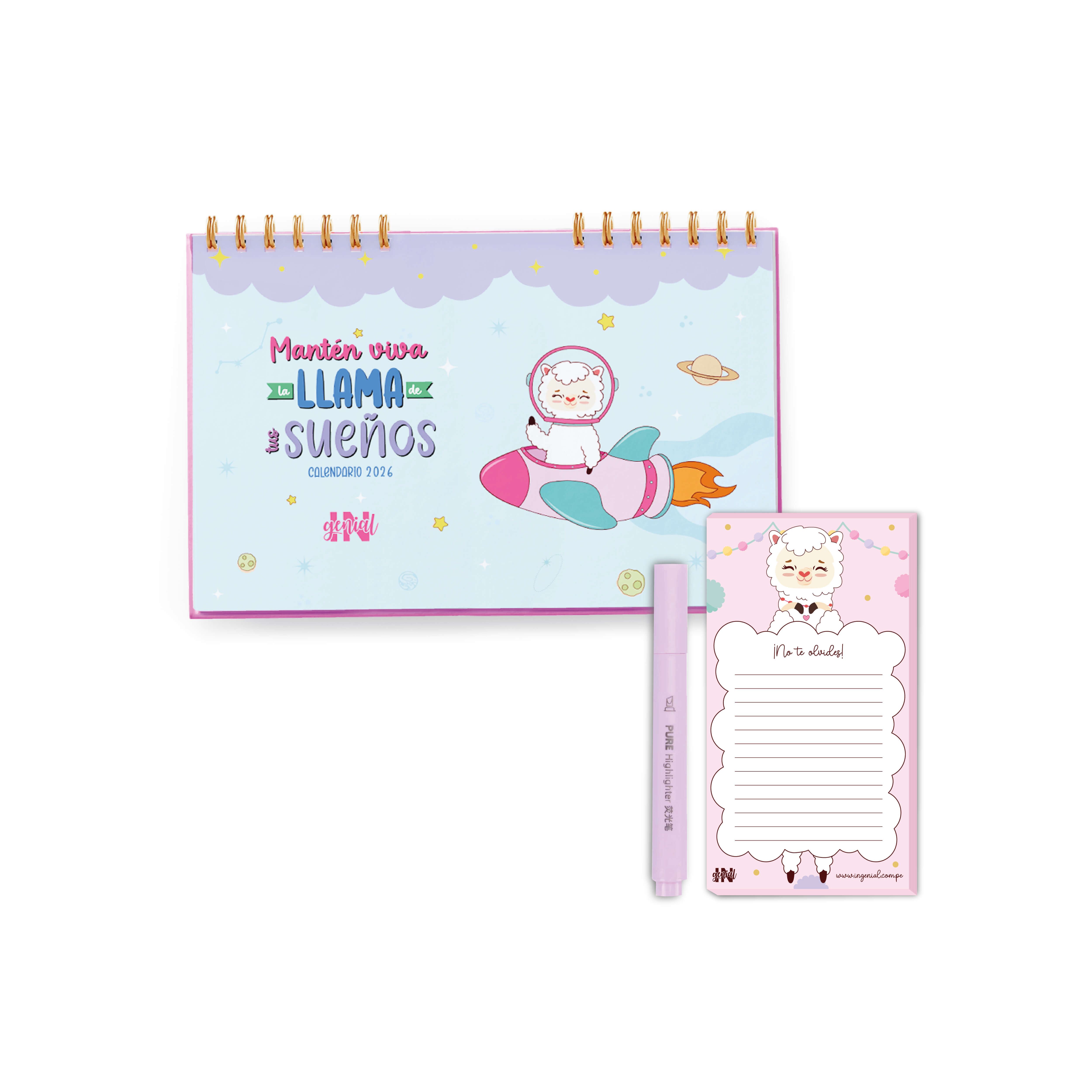 Pack Ingenial Llamibrilla: Calendario 2026 + notas magnéticas + resaltador