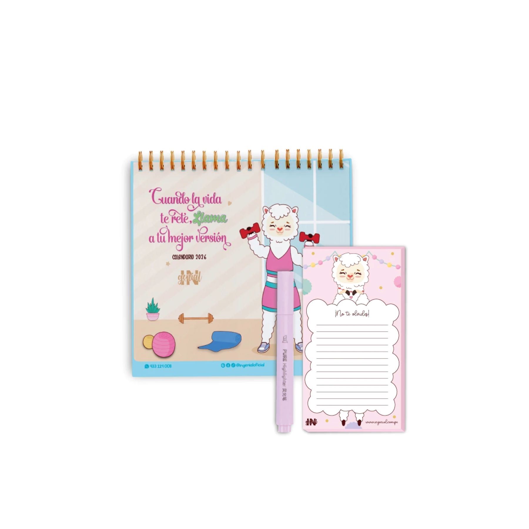 Pack Ingenial Llamibrilla: Organizador mensual + notas magnéticas + resaltador