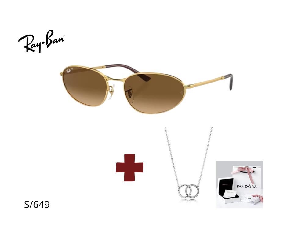 PACK DUO Lentes RayBan Aviator Gold RB3734 Unisex + Collar Pandora Círculos Cruzados