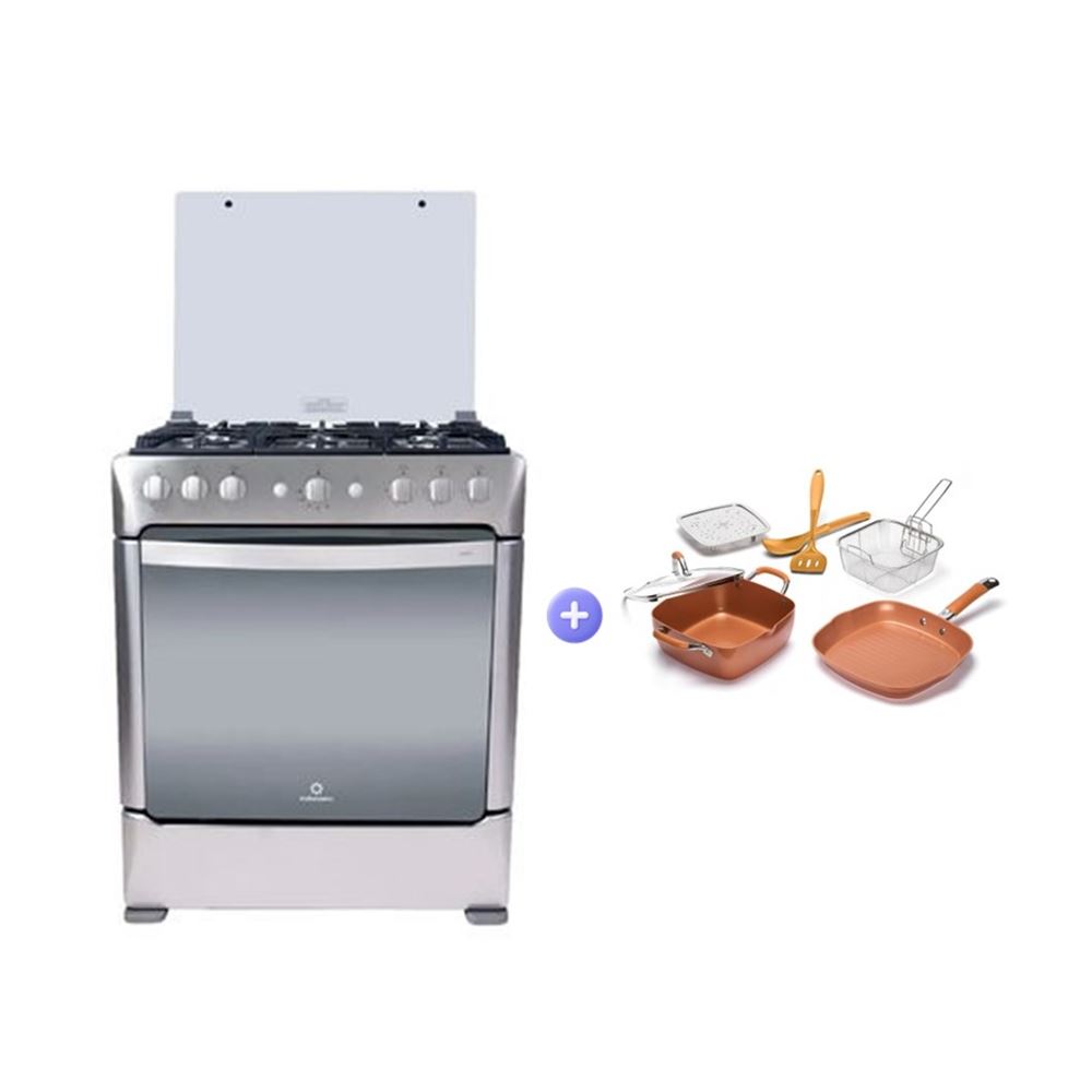 COMBO COCINA INDURAMA PARMA ZAFIRO 6 HORNILLAS + JUEGO DE 7 PZAS COBRE BEHOME