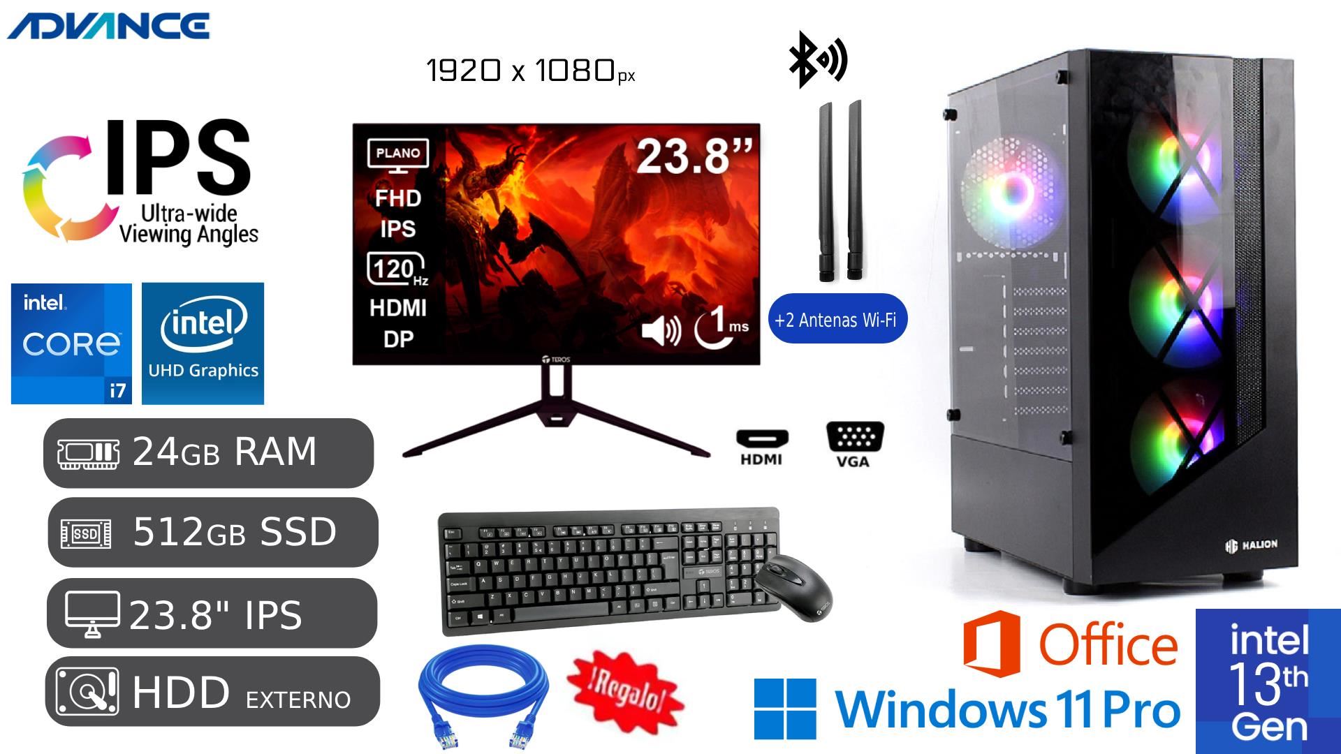 PC Completa Intel Ci7-13600 13va Gen 24GB Ram 512GB SSD 1TB HDD EXTERNO DE REGALO + Led 23.8" + CABLE RED