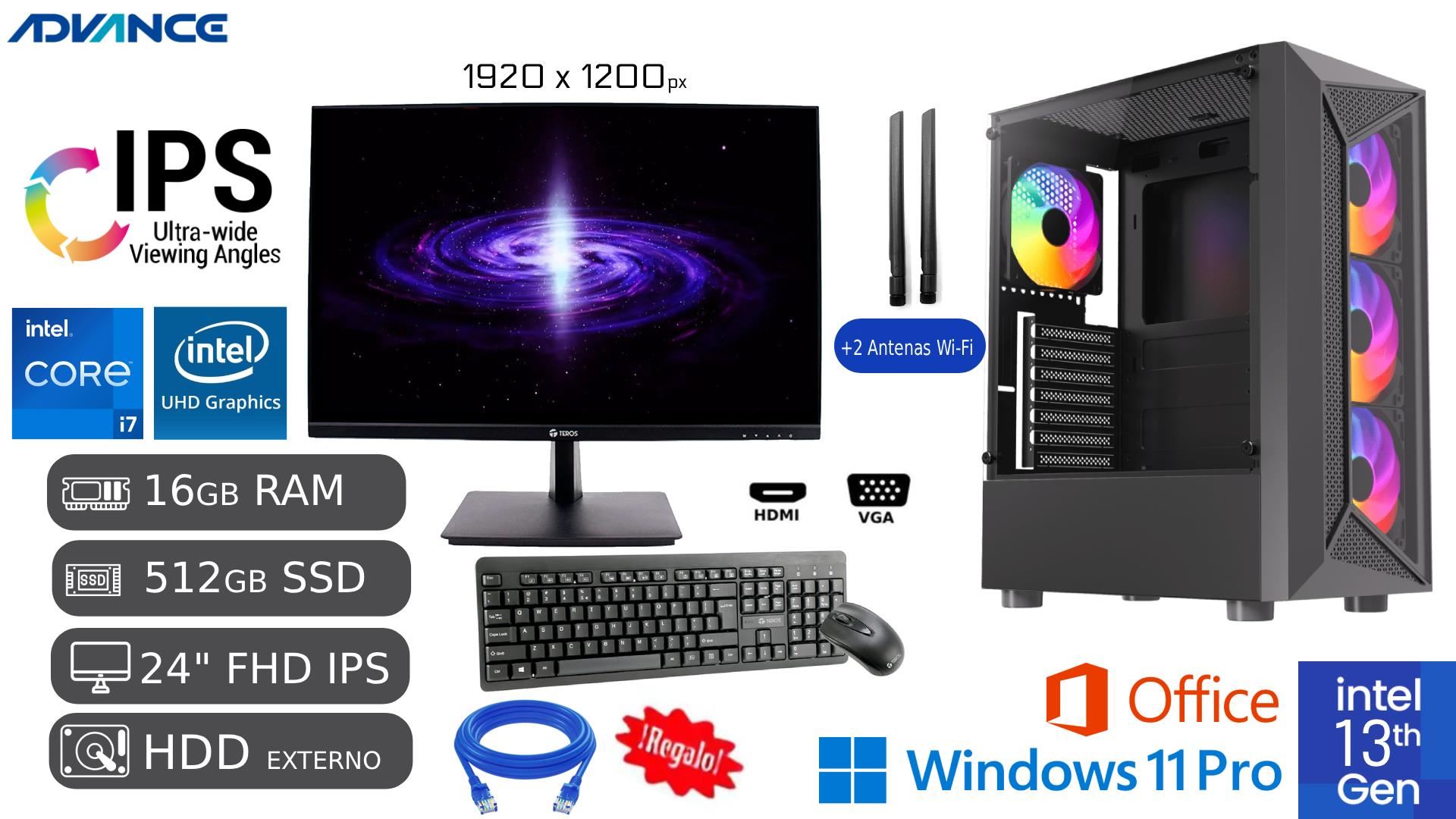 PC Completa Intel Ci7-13600 13va Gen 16GB Ram 512GB SSD 1TB HDD EXTERNO DE REGALO + WIFI + Led 24