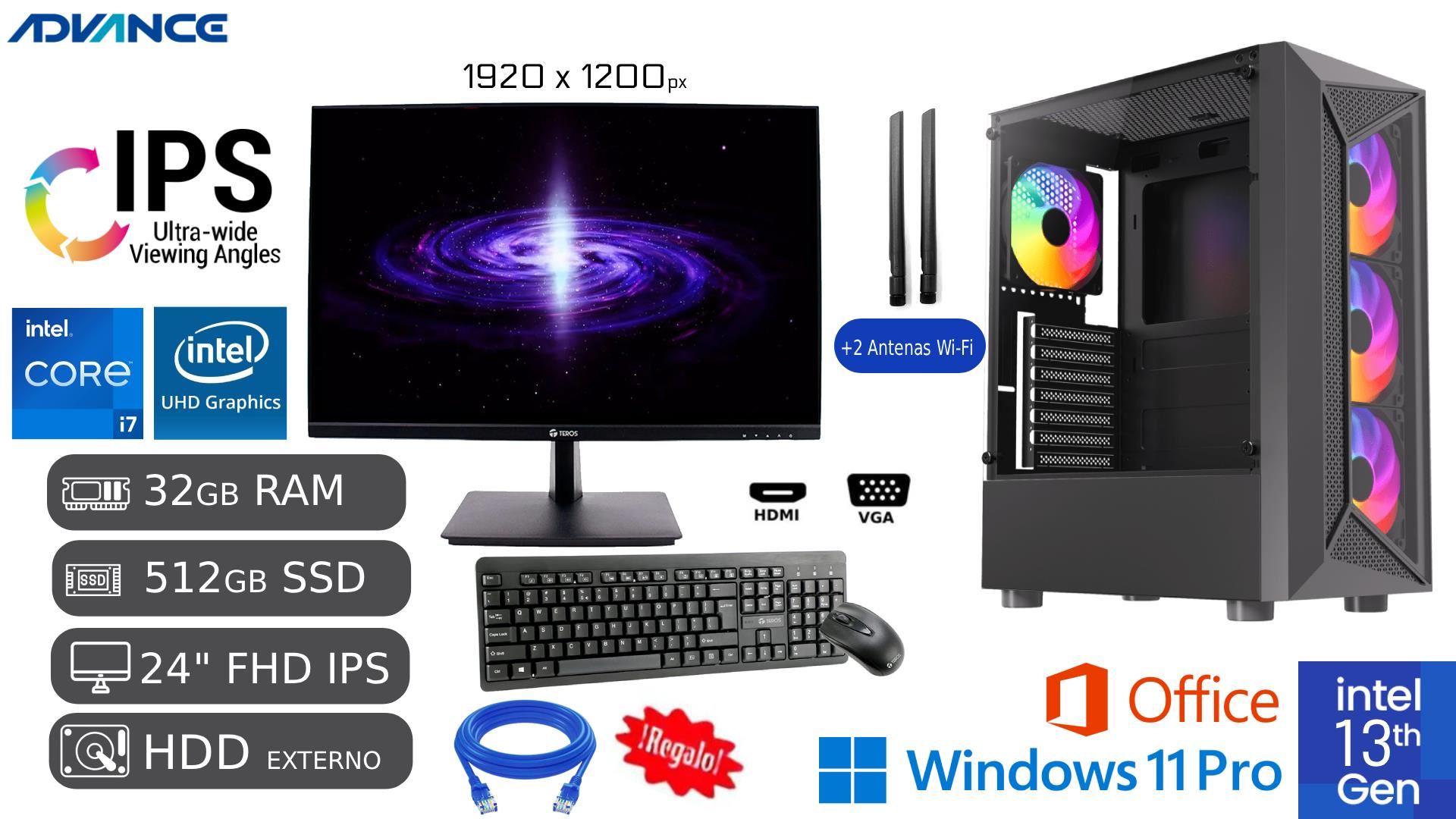 PC Completa Intel Ci7-13600 13va Gen 32GB Ram 512GB SSD 1TB HDD EXTERNO DE REGALO + WIFI + CABLE DE RED + Led 24