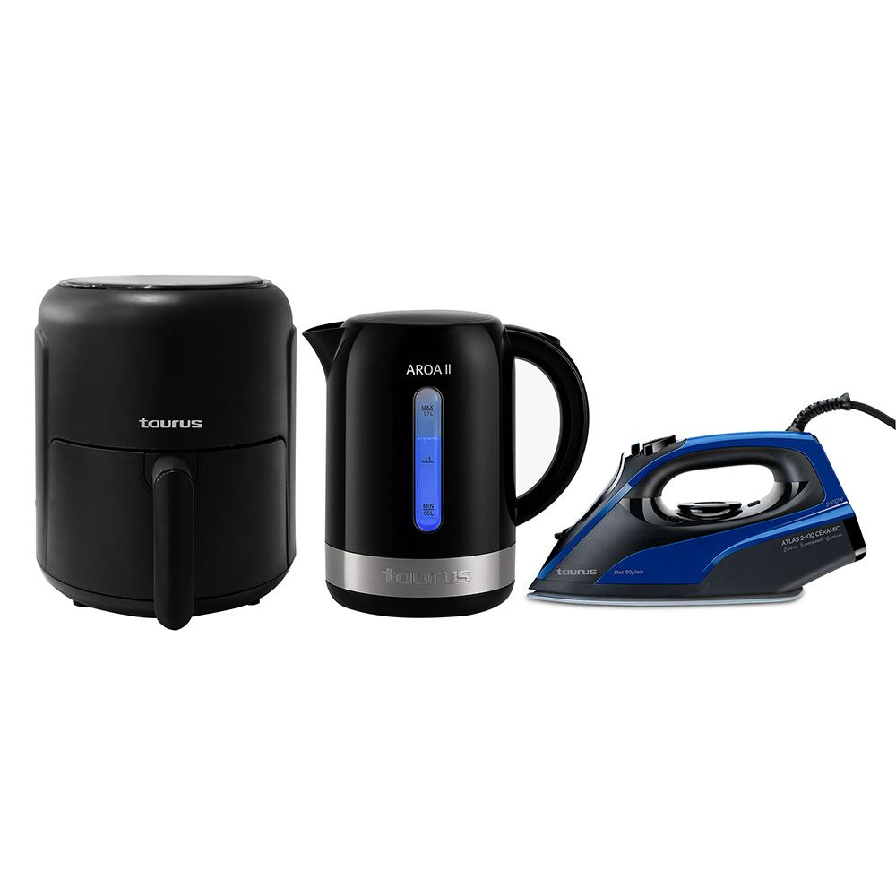 Combo Taurus Freidora Black Fryer 2.6LT + Hervidor Aroa II 1.7LT + Plancha a vapor Atlas 2400