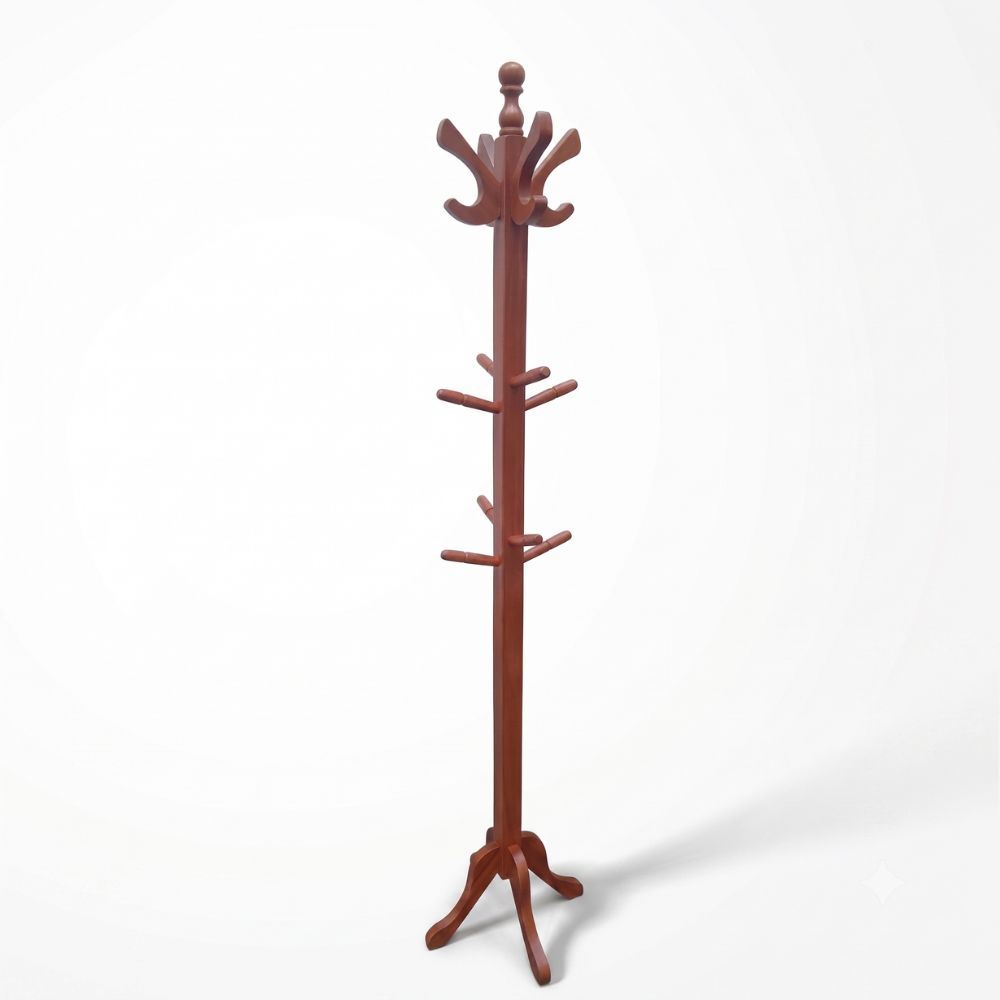 Perchero de Pie de Madera Color Cedro 1.75 m – Organizador para Ropa, Abrigos, Sombreros y Accesorios