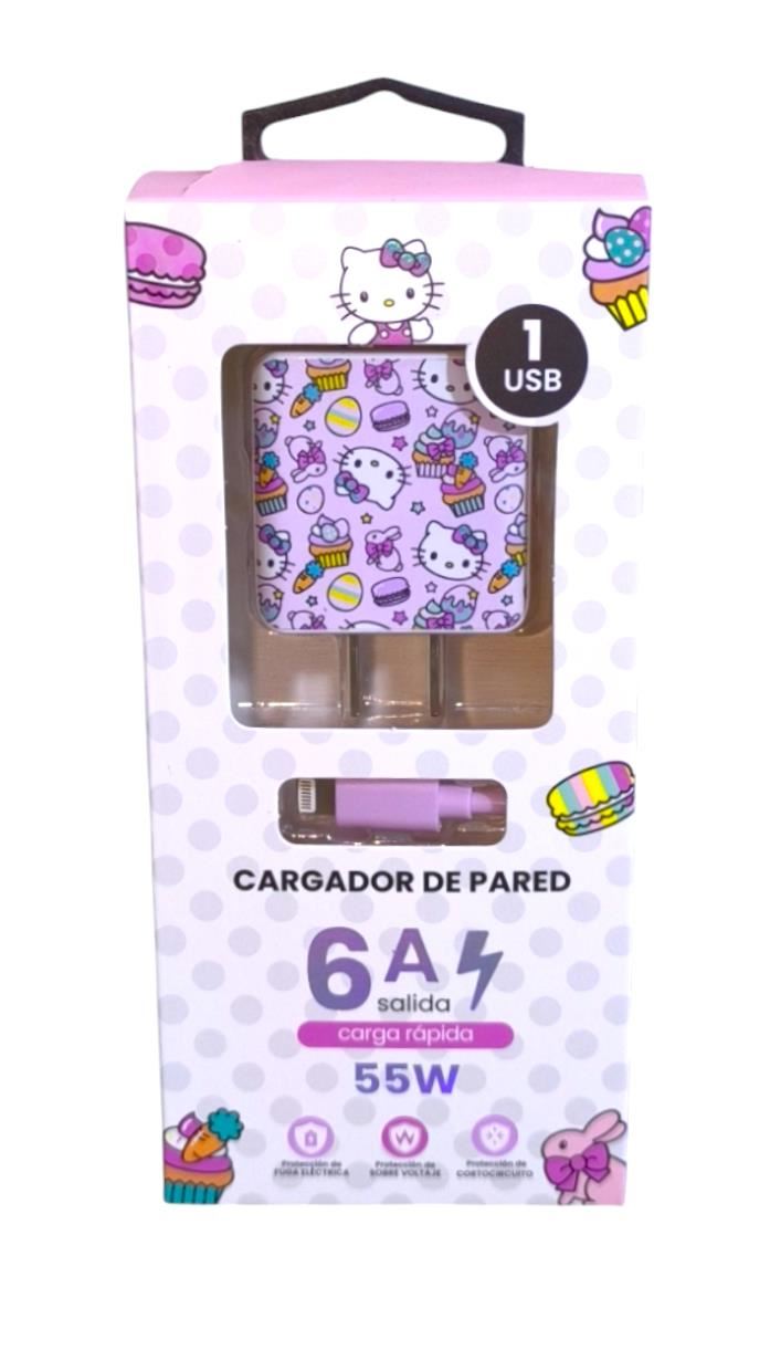 CARGADOR LICENCIADO DISEÑO HELLO KITTY COMPATIBLE PARA IPHONE .