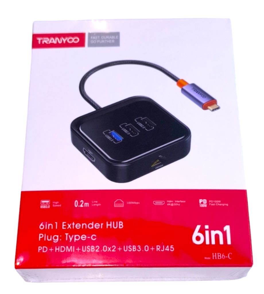 CONECTOR - CONVERSOR HUB: 6 EN 1 TIPO C: PD+HDMI+USB2.0X2+USB3.0+RJ45