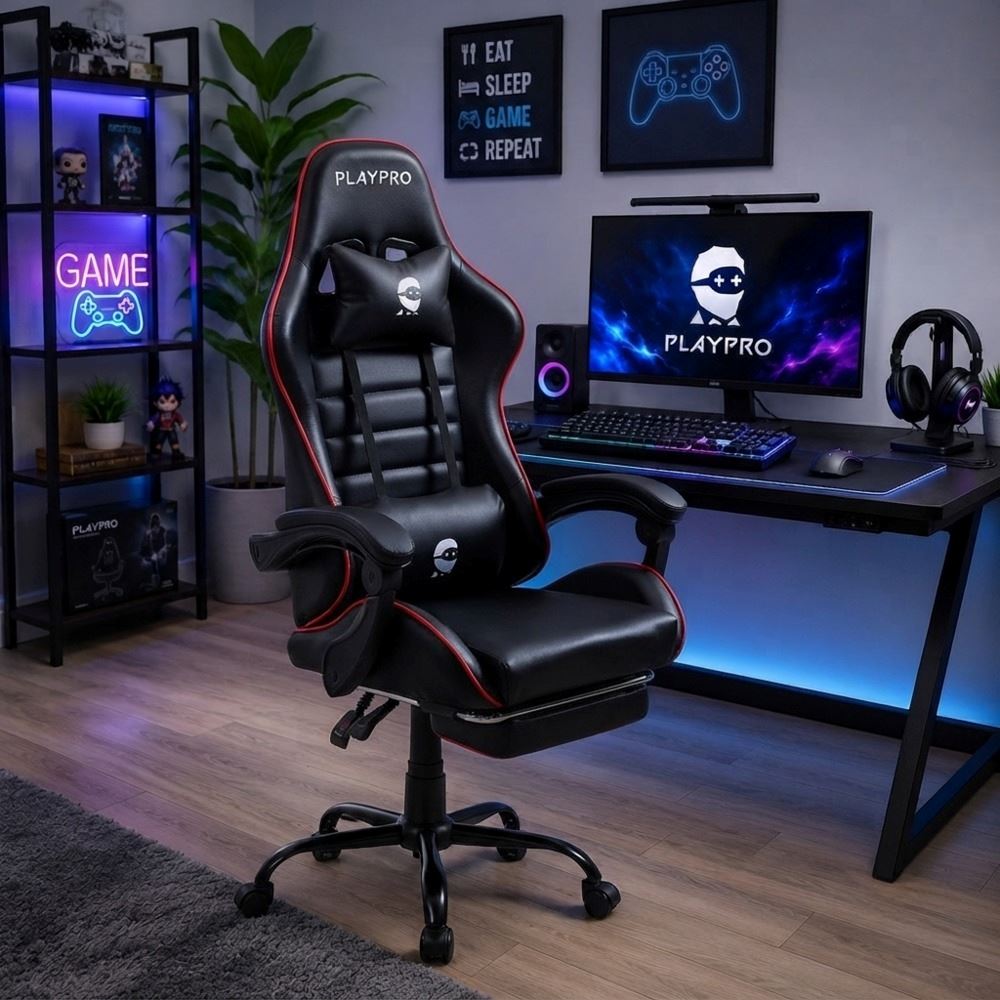 Silla Gamer con Masajeador Lumbar Playpro X1 Rojo Base de Metal