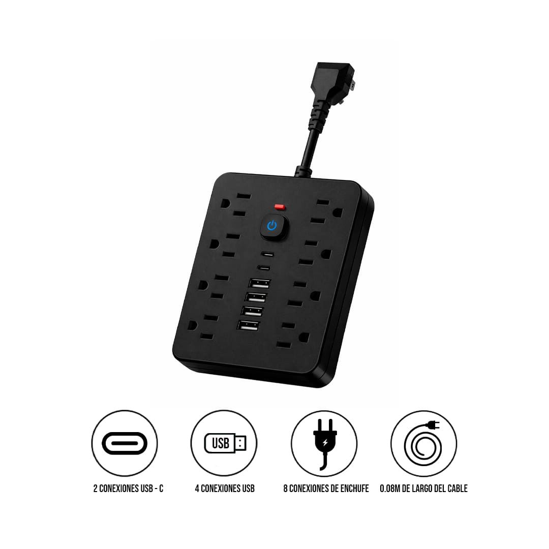 Multipuerto de carga 14en1 8AC 6USB 250V 0.08m PLS-141 Negro