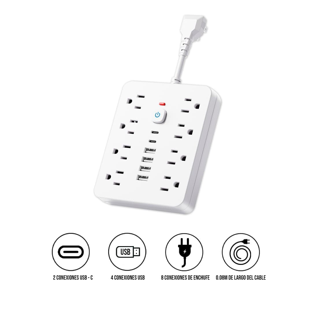 Multipuerto de carga 14en1 8AC 6USB 250V 0.08m PLS-141 Blanco