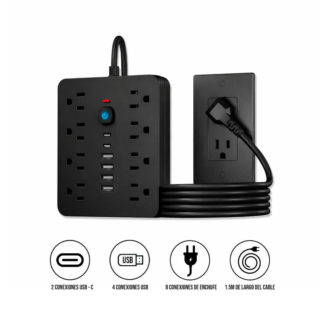 Multipuerto de carga 14en1 8AC 6USB 250V 1.5mPLS-141 Negro