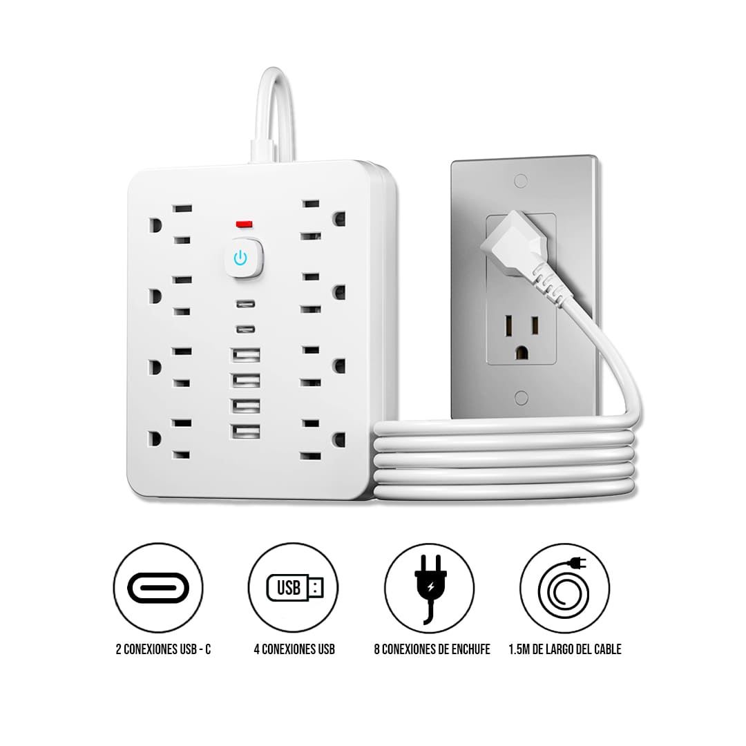 Multipuerto de carga 14en1 8AC 6USB 250V 1.5mPLS-141 Blanco