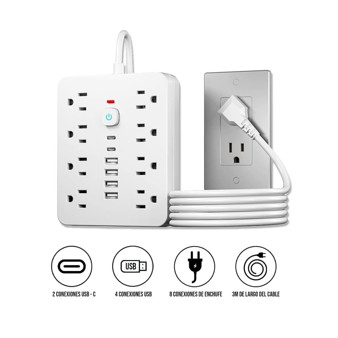 Multipuerto de carga 14en1 8AC 6USB 250V 3m PLS-141 Blanco