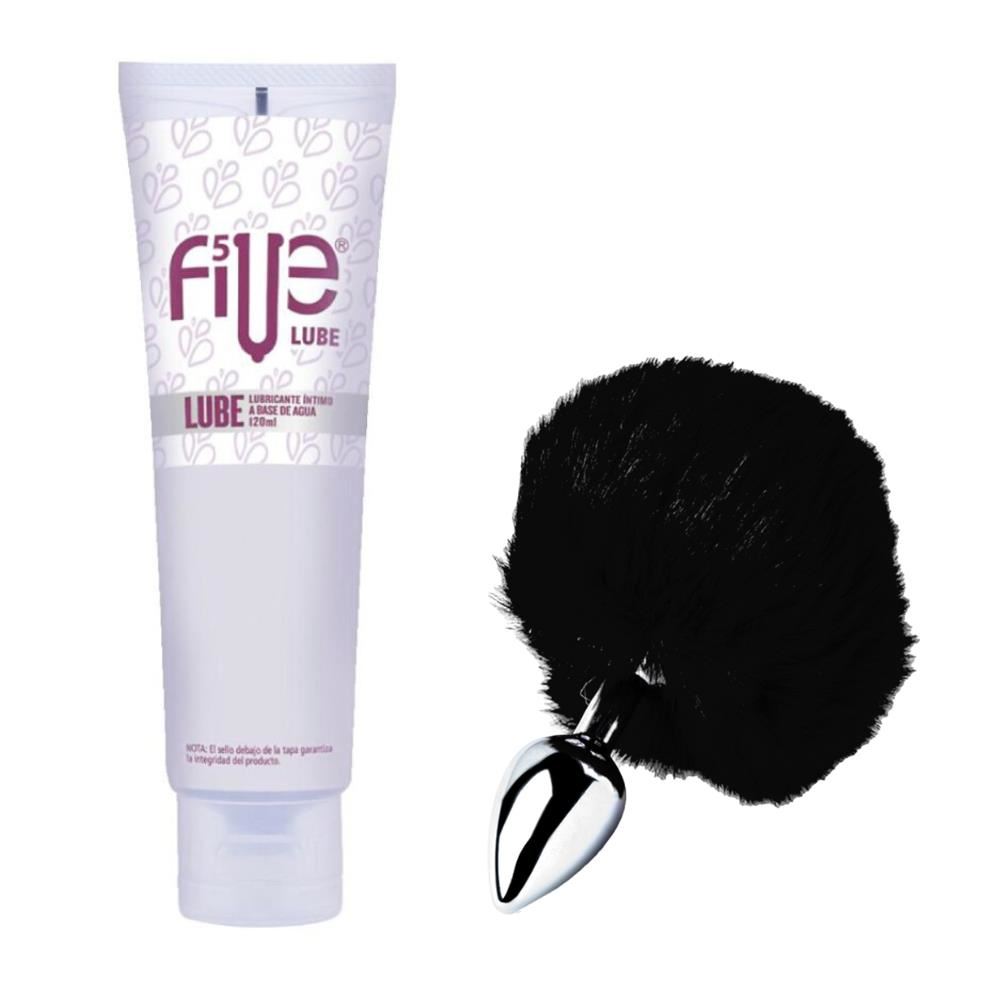 Plug Anal Conejo Dilatador Pompón Negro + Lubricante Five Base de Agua
