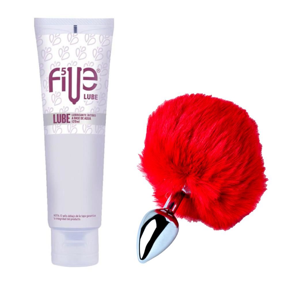 Plug Anal Conejo Dilatador Pompón Rojo + Lubricante Five Base de Agua