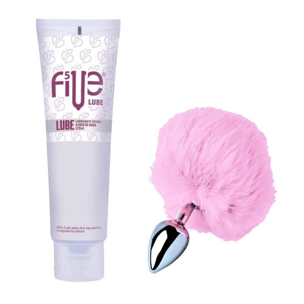 Plug Anal Conejo Dilatador Pompón Rosa + Lubricante Five Base de Agua