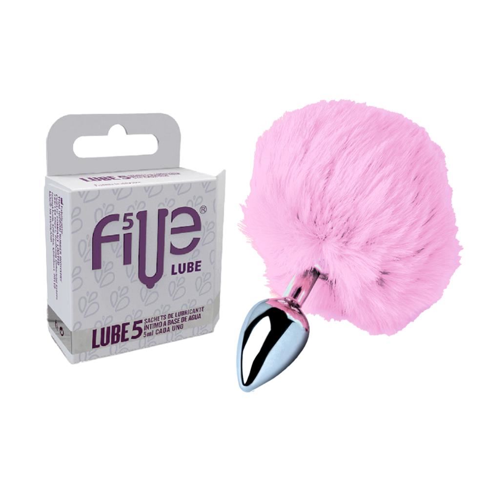 Plug Anal Conejo Dilatador Pompón Rosa + Lubricante Five 05 Sachets