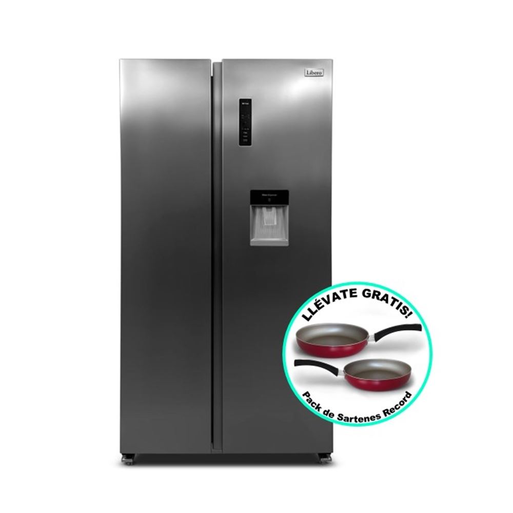 REFRIGERADORA SIDE BY SIDE LIBERO LSBS-552NFIW NO FROST 525L GRIS CON DISPENSADOR + PACK 2 SARTEN ROJO RECORD DE REGALO