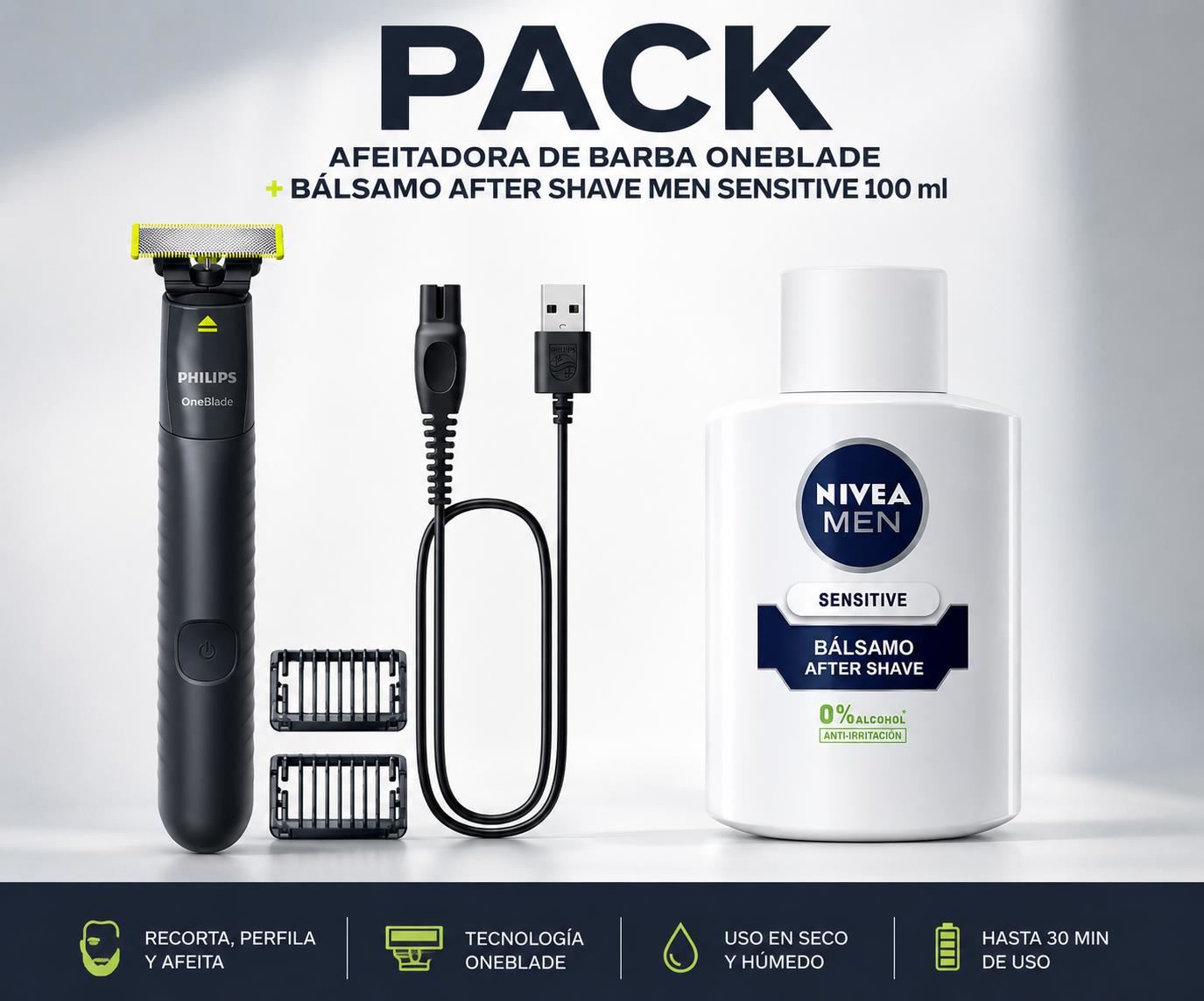 Philips OneBlade Pack Afeitadora de Barba + Bálsamo Men Sensitive 100 ml