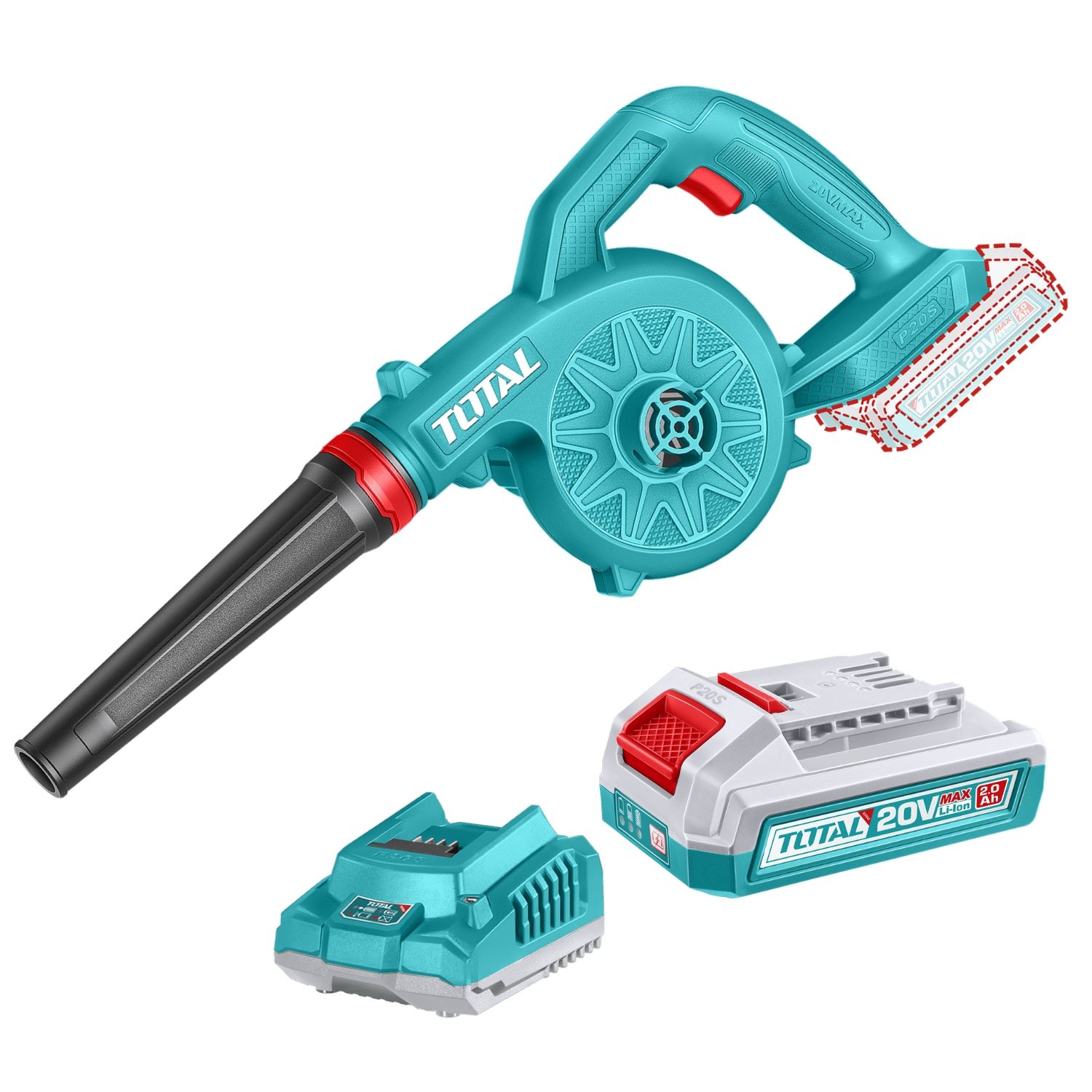 Sopladora 20V con 1 batería 2,0 Ah y cargador Total