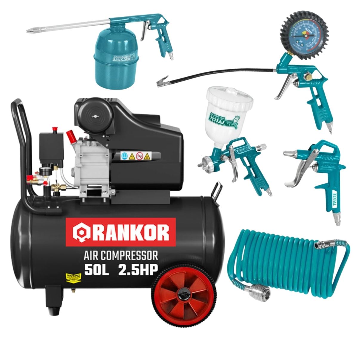 Compresora 50 litros Rankor + Kit 5 herramientas neumaticas Total