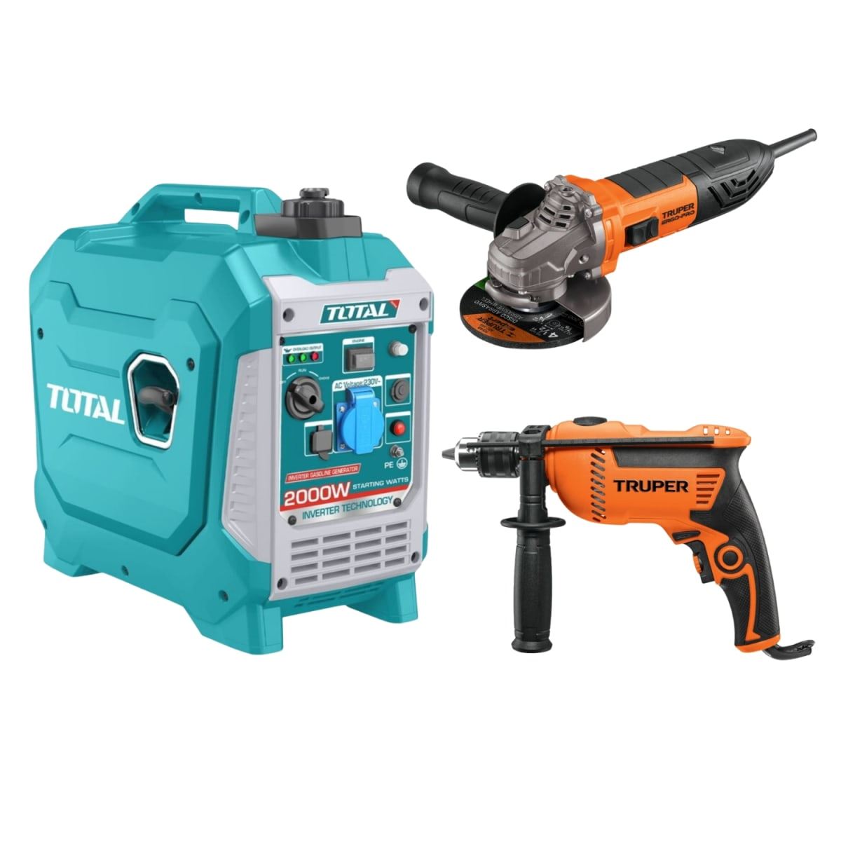 Generador Inverter Silencioso TOTAL 2000W + Taladro y Amoladora Truper
