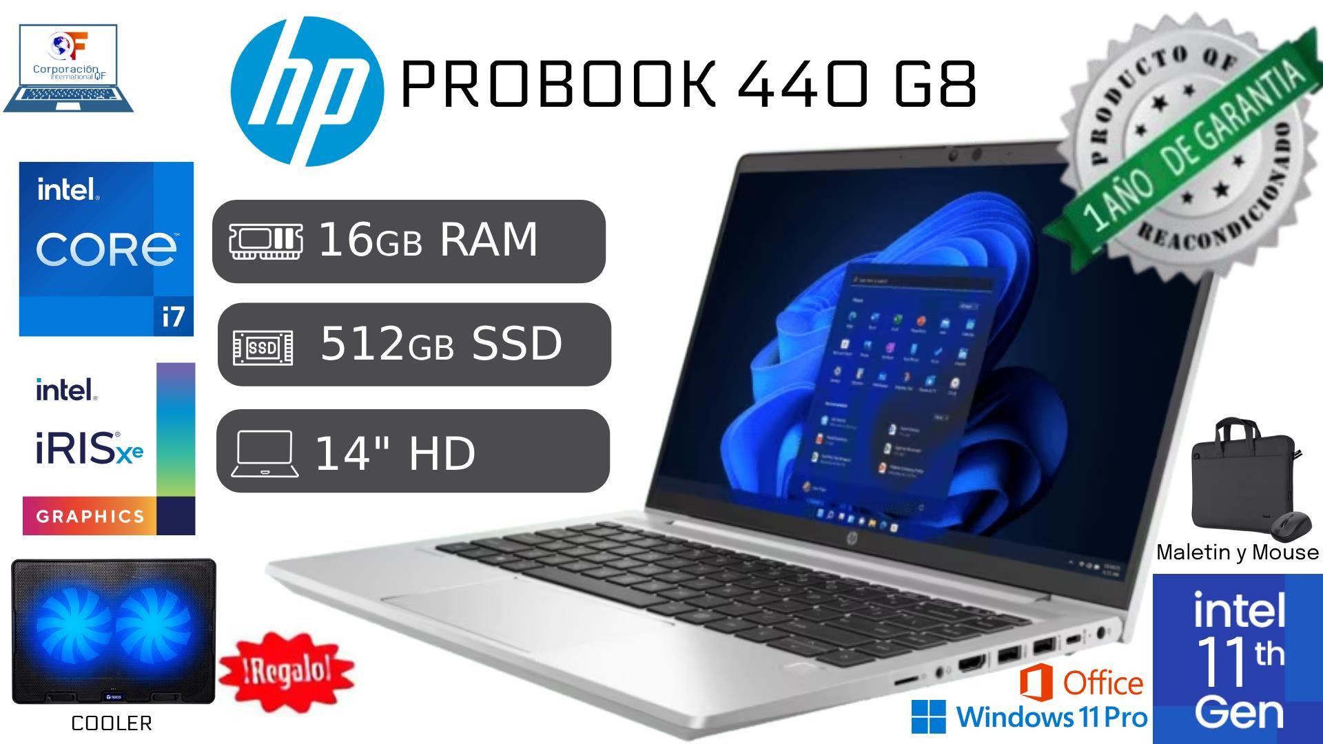 Laptop HP ProBook 440 G8 i7 11va 16GB RAM 512GB SSD Reacondicionada HD + COOLER + MALETIN + MOUSE