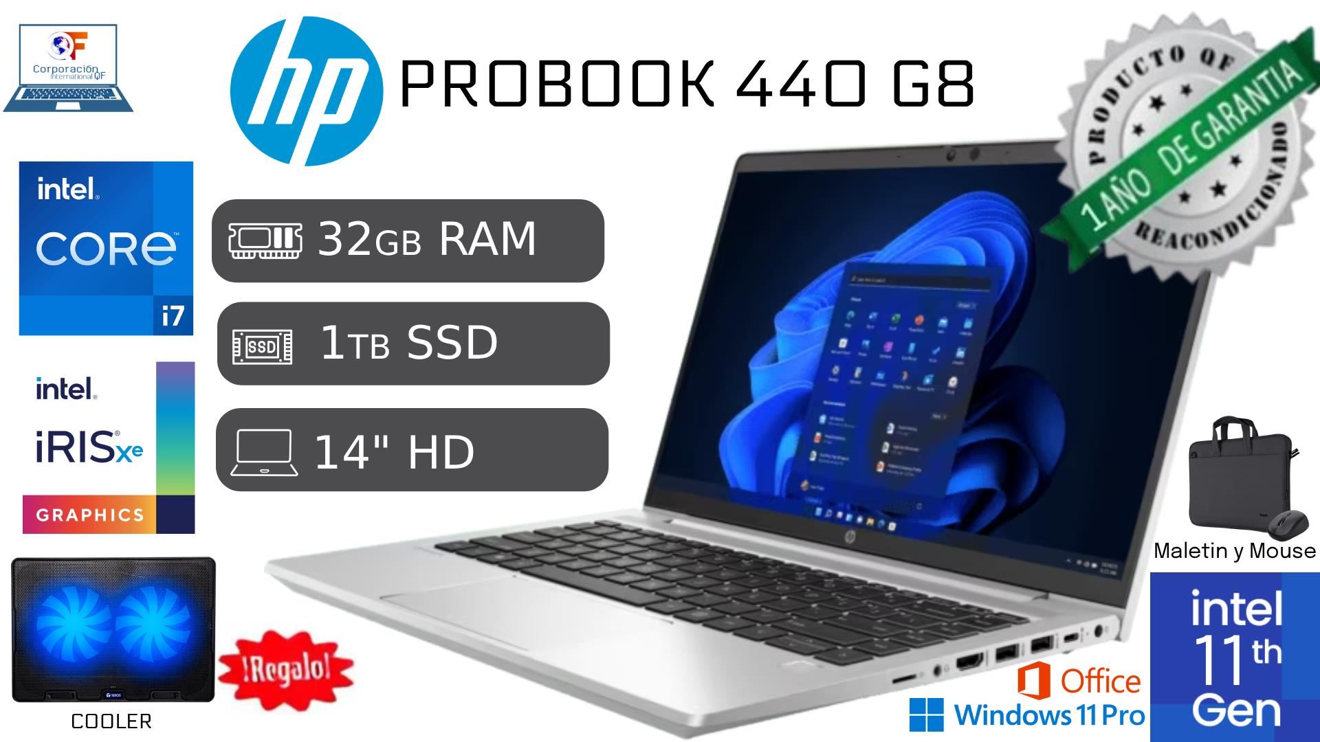 Laptop HP ProBook 440 G8 i7 11va 32GB RAM 1TB SSD Reacondicionada HD + COOLER + MALETIN + MOUSE