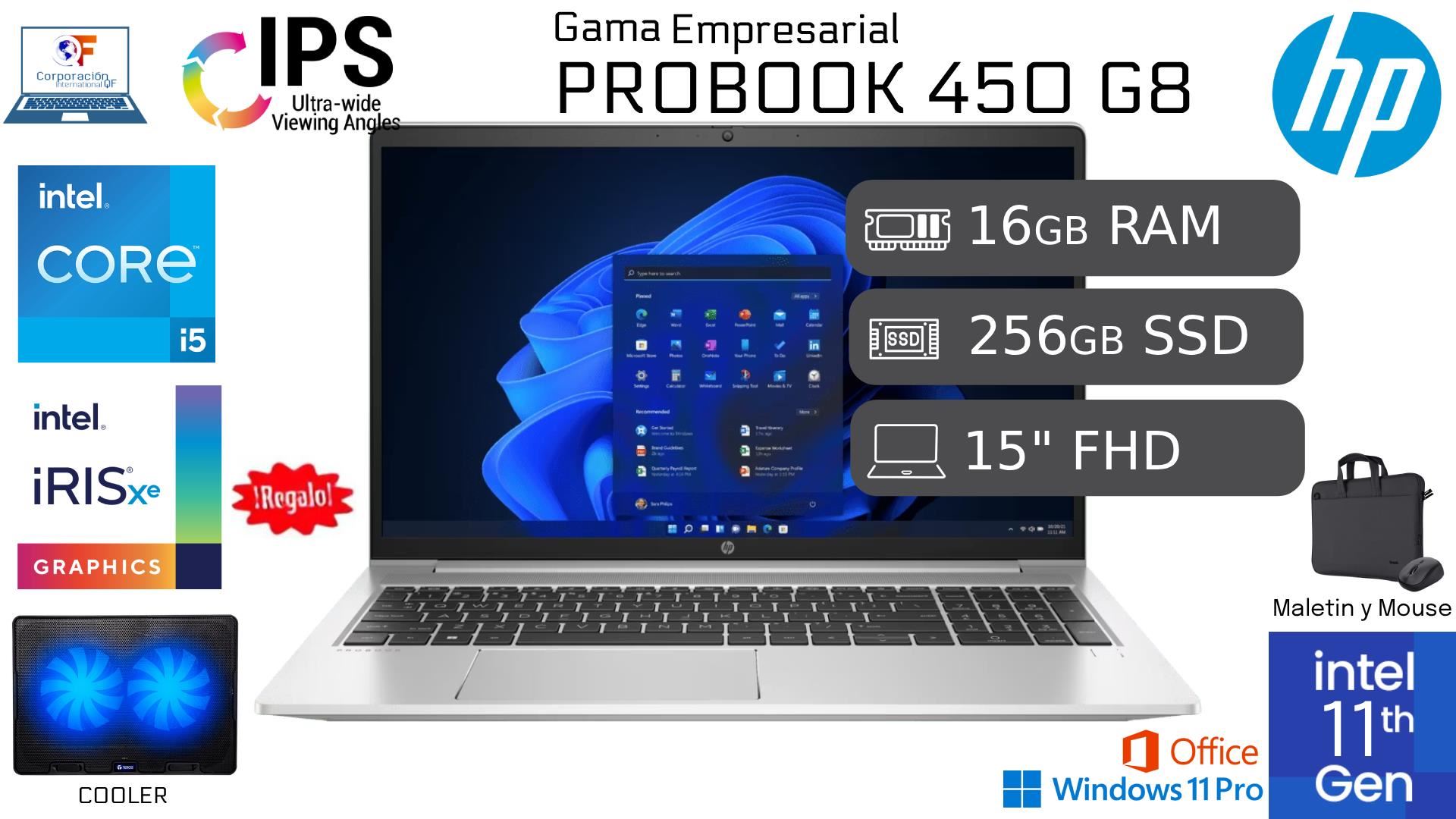 HP ProBook 450 G8 i5-1145G7 16gb RAM 256gb SSD IPS Reacondicionada 1 Año Garantía + COOLER + MOUSE + MALETIN + CARGADOR