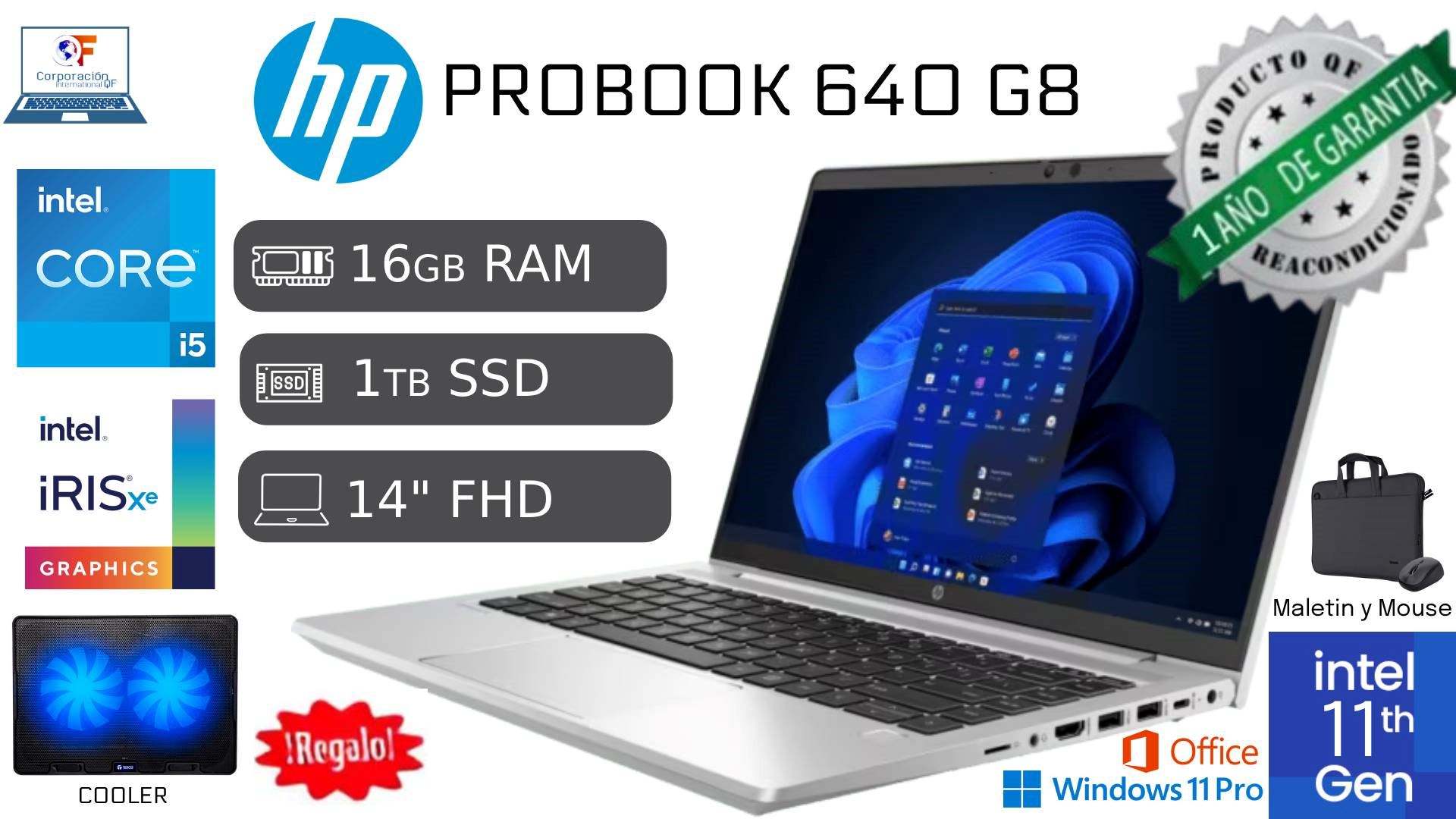 Laptop HP ProBook 640 G8 i5 11va 16GB RAM 1TB SSD Reacondicionada FHD + COOLER + MALETIN + MOUSE