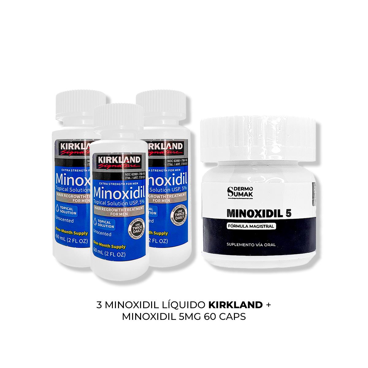 3 MINOXIDIL LÍQUIDO KIRKLAND + MINOXIDIL 5MG 60 CÁPSULAS