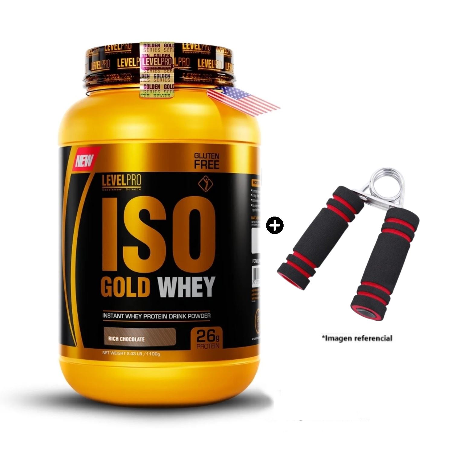 Proteína Iso Gold Whey Level Pro 1.1KG Rich Chocolate + Hand Grip