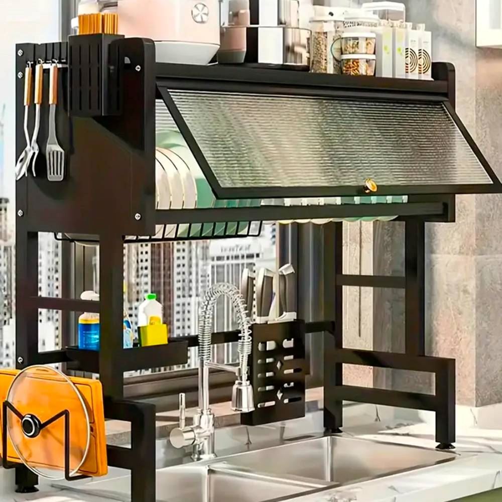 Escurridor De Platos Con Tapa Y 2 Niveles De 85 Cm Negro