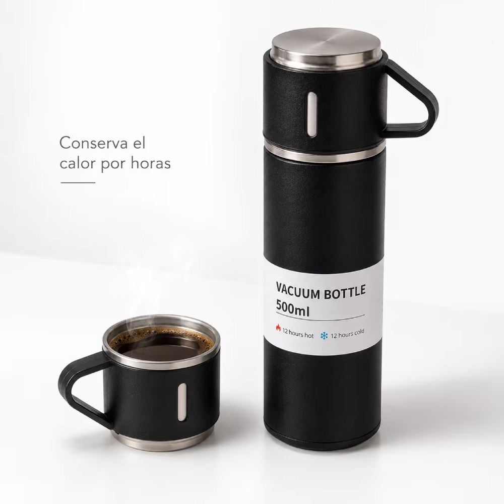 Termo de Acero Inoxidable 500 ml Negro con Vasos Incluidos