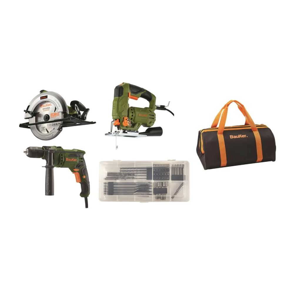 Combo Carpintero Bauker CSIDJSPTA50 1800W Taladro Percutor + Sierra Circular + Sierra Caladora + Bolso + Accesorios