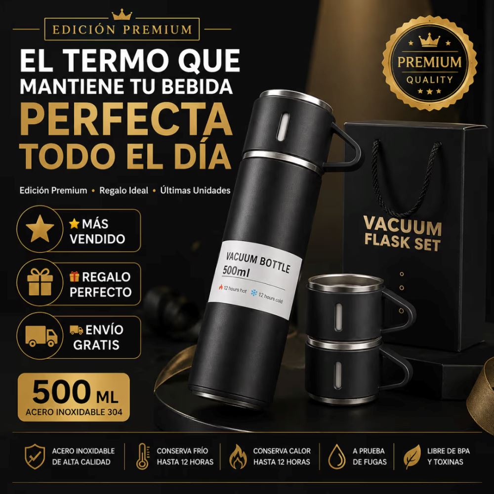 Set de Regalo Termo Térmico 500 ml Negro con 3 Tazas