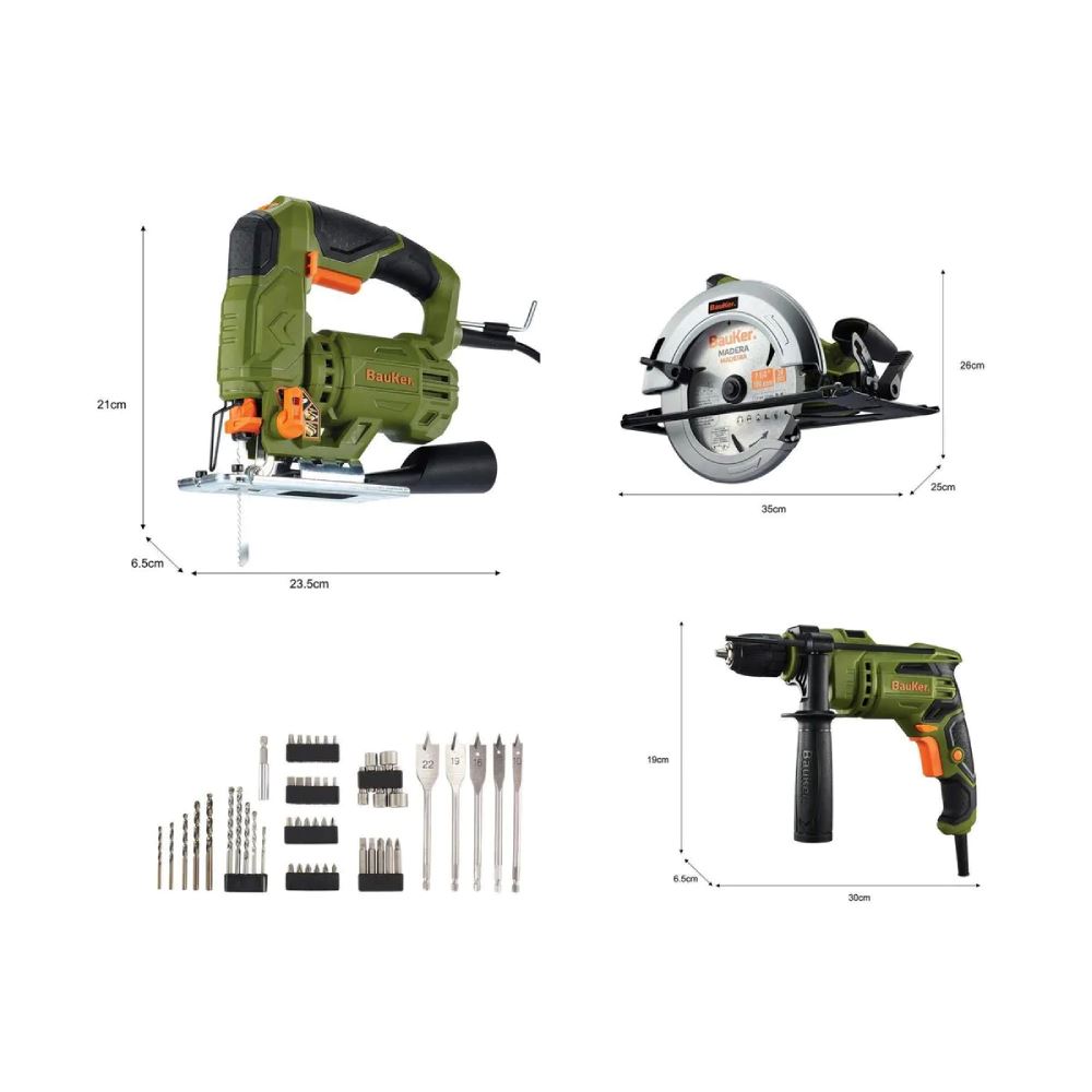 Combo Carpintero Bauker CSIDJSPTA50 1800W con Taladro Percutor, Sierra Circular, Sierra Caladora, Bolso y Accesorios