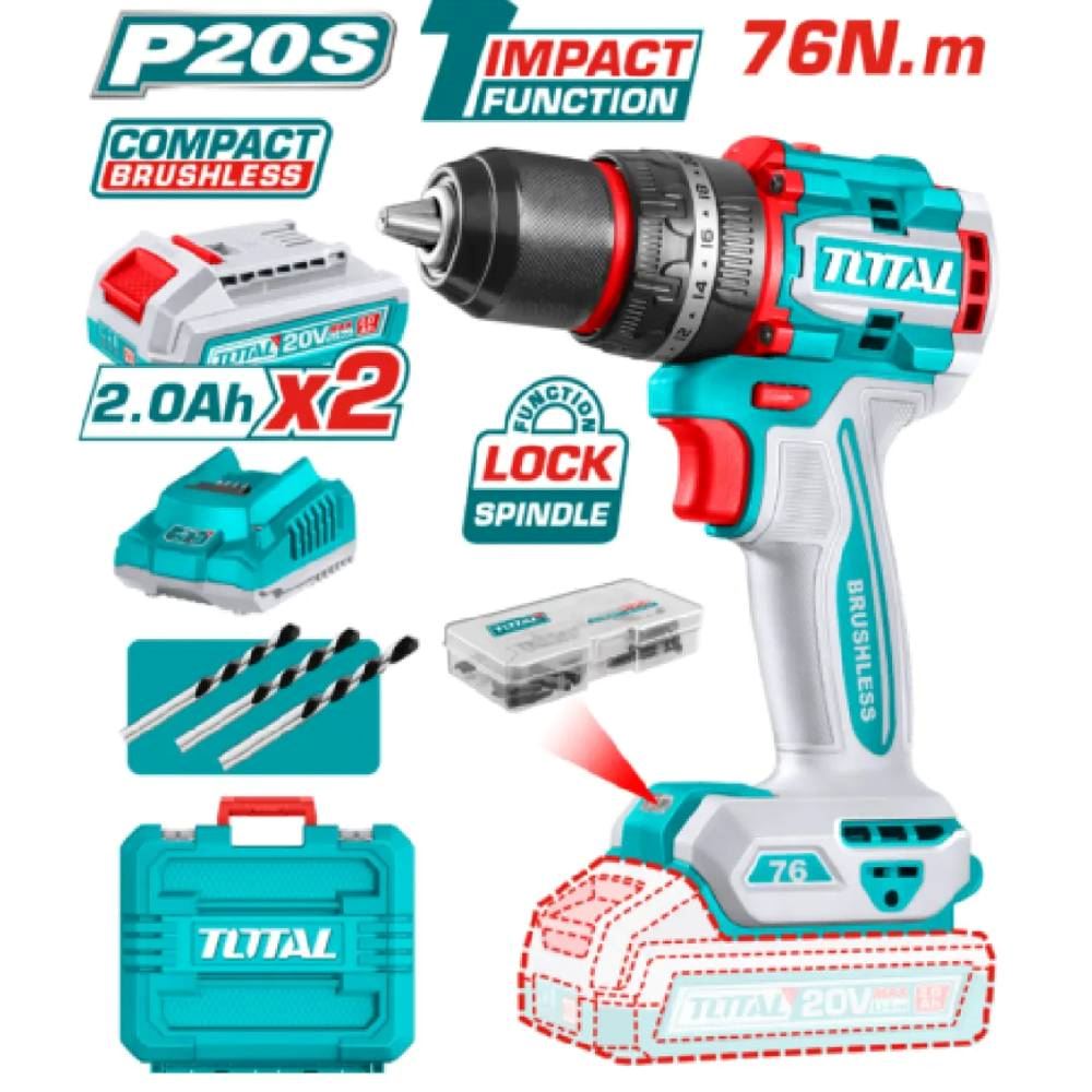 TALADRO PERCUTOR COMPACTO LI-ION 20V 76NM 13MM 2X20AH - TIDLI20768