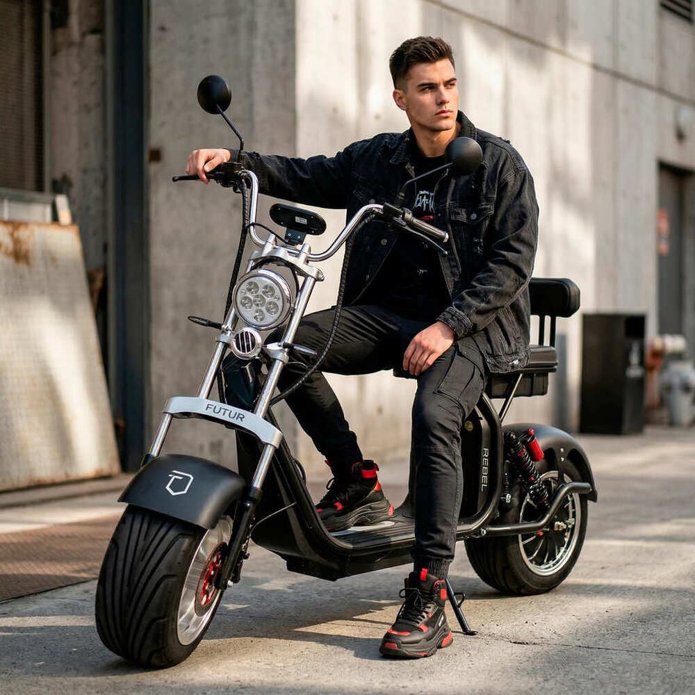 Moto Eléctrica REBEL de Litio, 50kmh, 45km, 2000W Negro