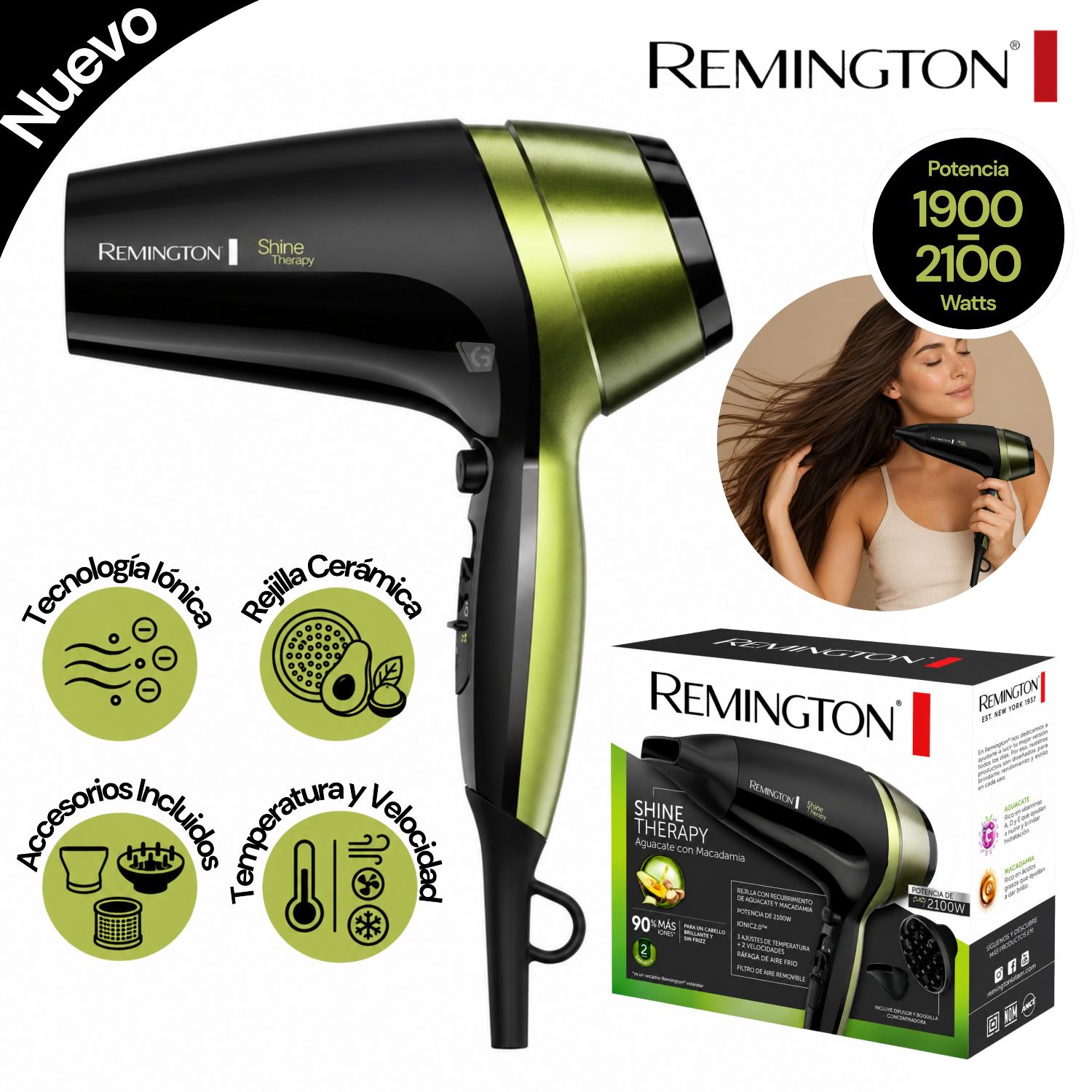 Secador de Cabello REMINGTON Aguacate con Macadamia 2100W D13A