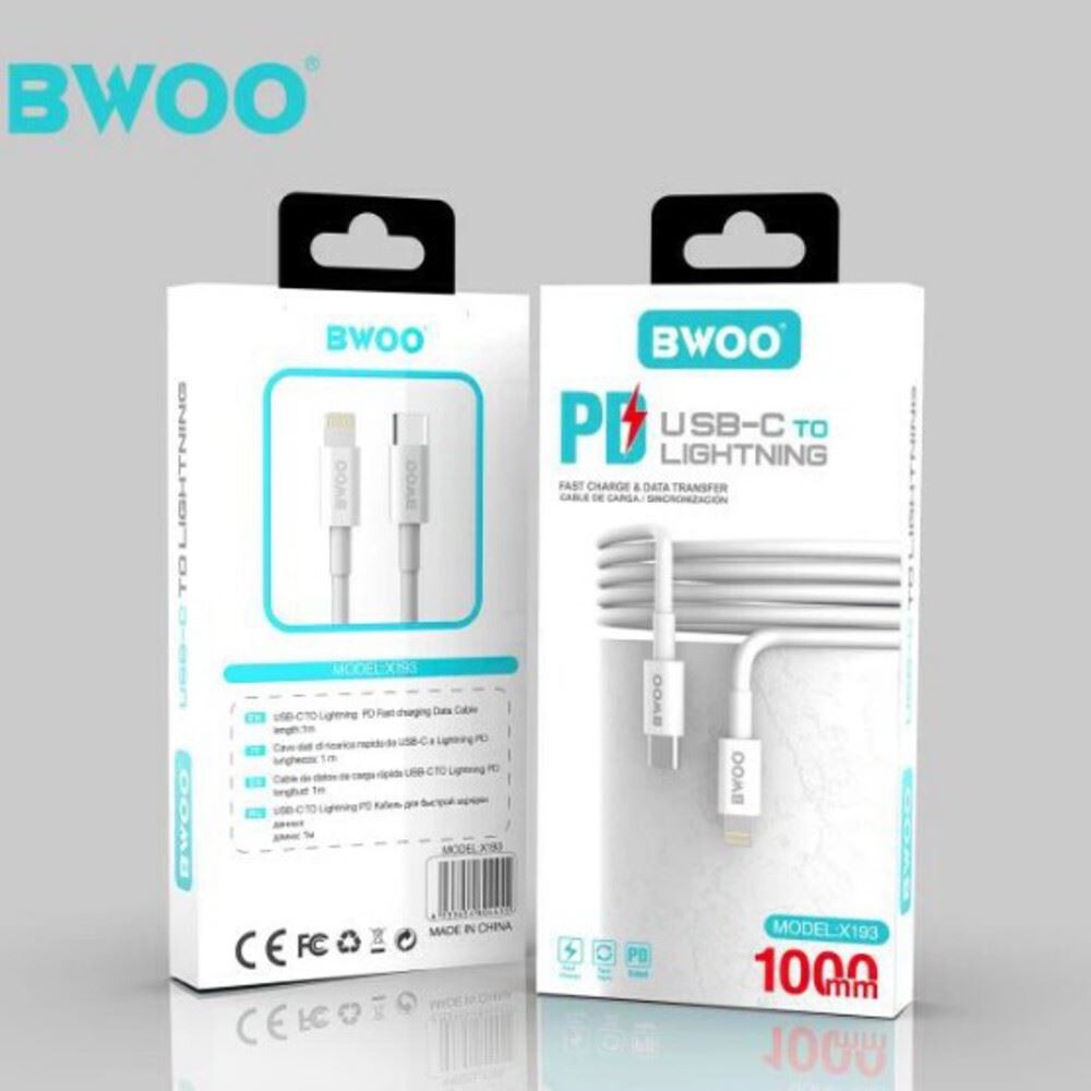 CABLE DE DATOS Y CARGA RAPIDA 100W USB-C A LIGHTNING 1MT 27W X193 BWOO