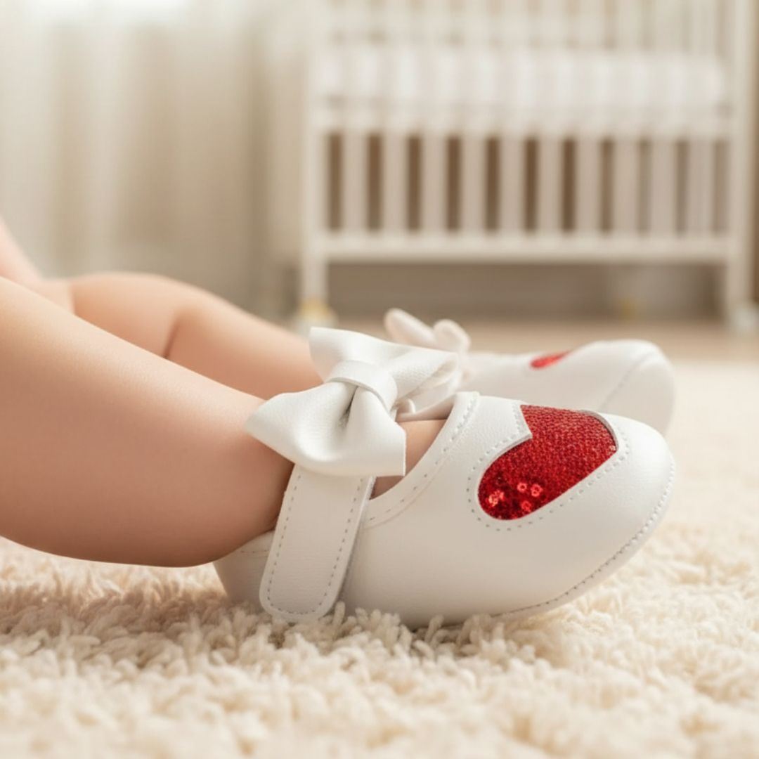 zapatito de bebe blanco con corazón rojo niña de 3 a 9 meses