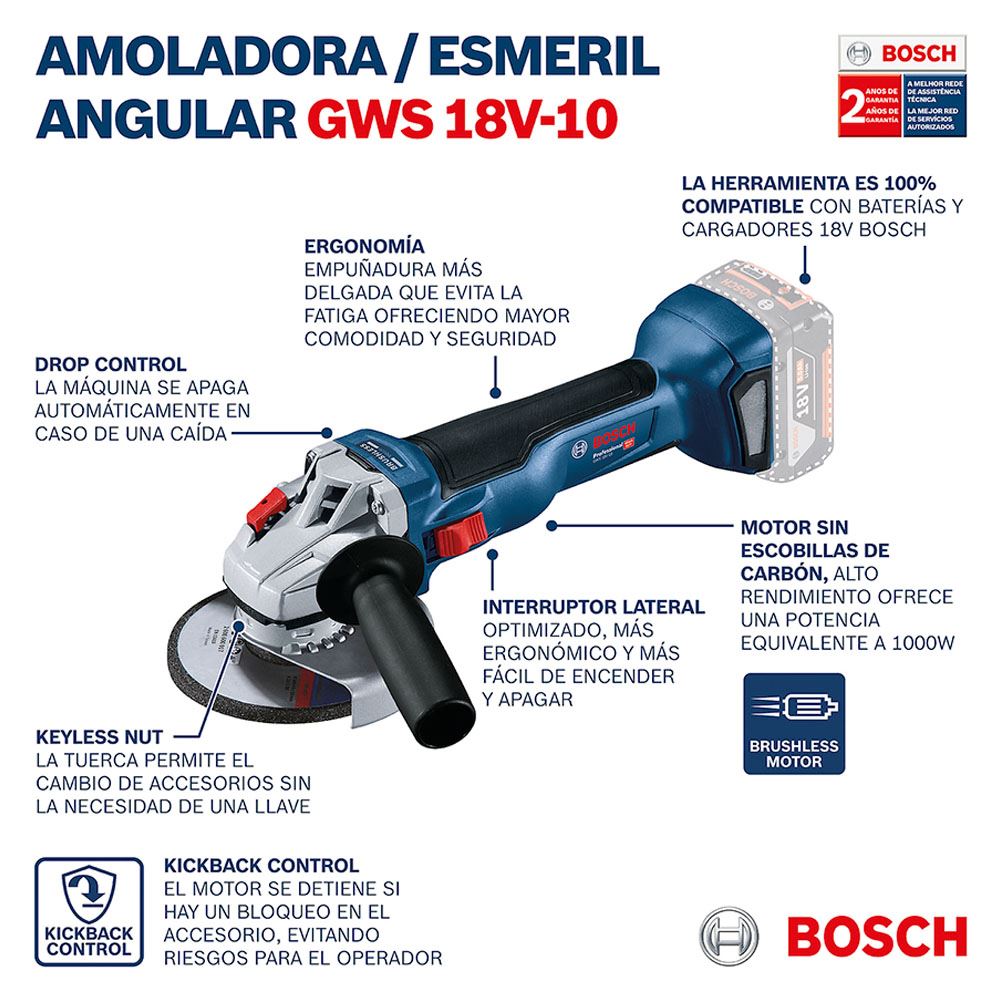 Amoladora Bosch GWS 18v-10 psc baretool - Vultec