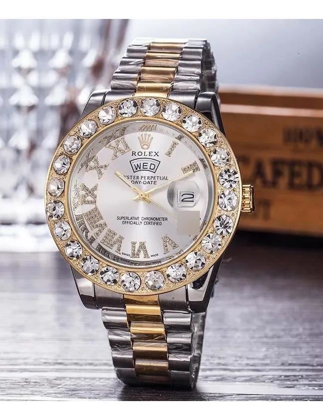 Reloj Rolex Diamantes Para Hombres Dorado Plateado Negro