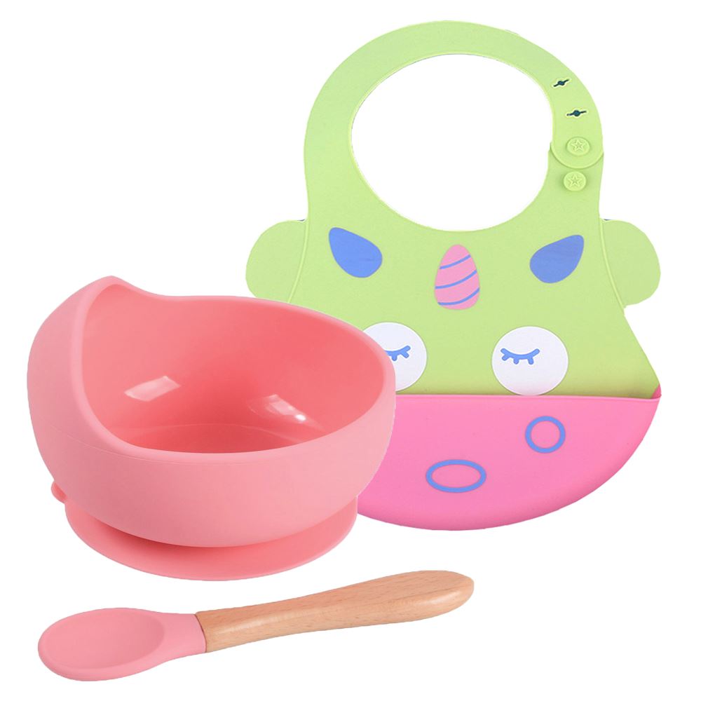 Pack para Bebe Babero Unicornio con Cuenco Rosa con cuchara