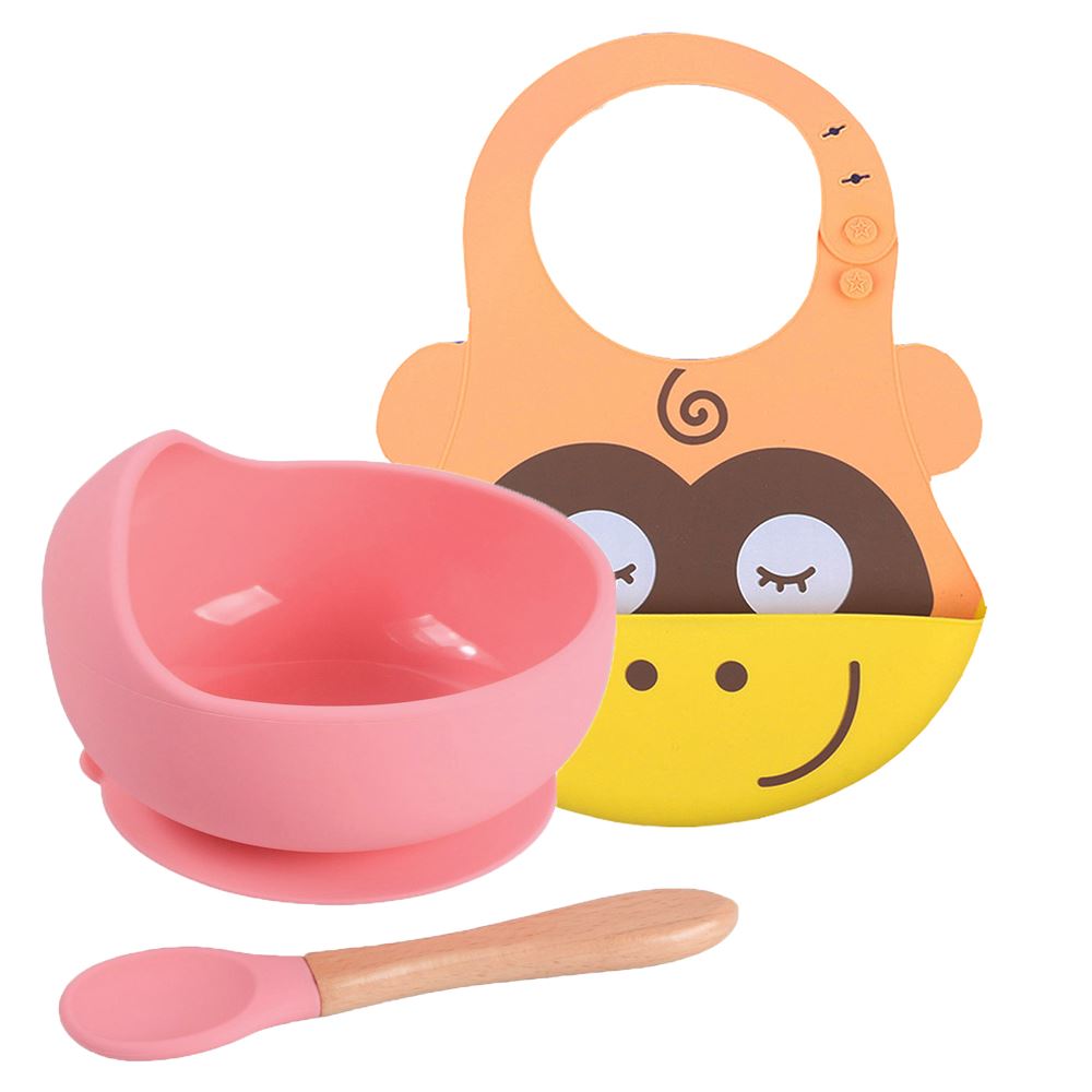 Pack Babero Monito con Cuenco Rosado con cuchara para bebe