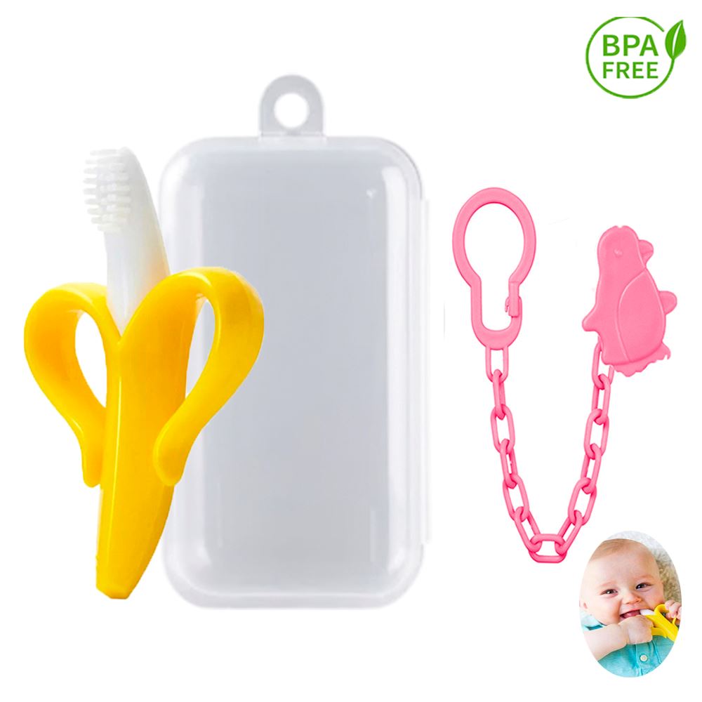 Mordedor Banana Amarillo Con Cadena Baby Froggie Pinguino Rosado Para Bebe