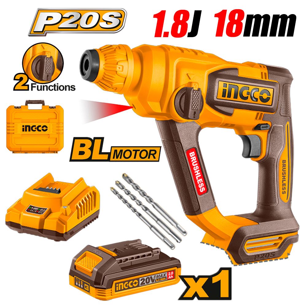 Rotomartillo SDS-Plus Inalambrico Ingco CRHLI201881 20V 1.8J 1Bat x 2Ah Brushless