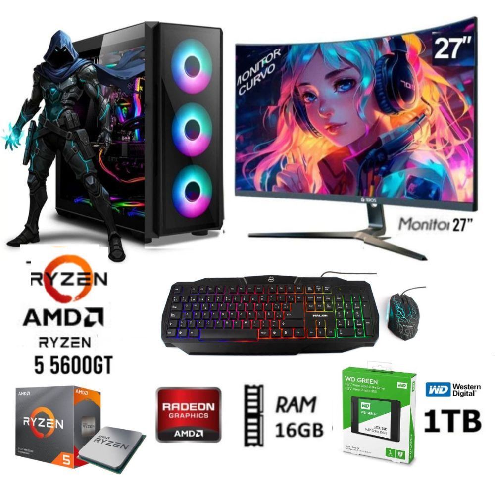 COMPUTADORA PC RYZEN 5 5600GT RAM 16GB Disco SSD 1TB Monitor 27"
